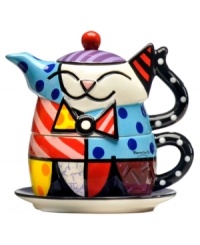 Heads and tails above the average tea set, this cat-themed design is stacked with the vivid colors and bold patterns of Brazilian pop artist Romero Britto. Heads and tails above the average tea set, this cat-themed design is stacked with the vivid colors and bold patterns of Brazilian pop artist Romero Britto.