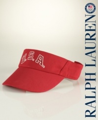 An adjustable cotton twill visor celebrates Team USA's participation in the 2012 Olympic Games with bold country embroidery at the front. An adjustable cotton twill visor celebrates Team USA's participation in the 2012 Olympic Games with bold country embroidery at the front.