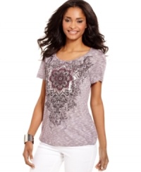 Make any day feel like you're somewhere faraway in this exotic petite tee, featuring a gorgeous placed print that's embellished with studded detail. Make any day feel like you're somewhere faraway in this exotic petite tee, featuring a gorgeous placed print that's embellished with studded detail.