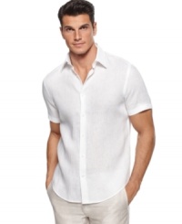 This linen shirt from Perry Ellis is a light weight seasonal staple. This linen shirt from Perry Ellis is a light weight seasonal staple.