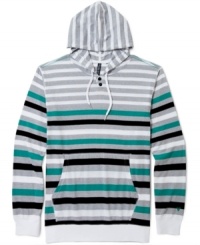 Stripes styled for unmatched surfer dude attitude: Univibe's pullover hoodie with henley neck and kangaroo pocket. Stripes styled for unmatched surfer dude attitude: Univibe's pullover hoodie with henley neck and kangaroo pocket.