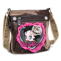 Betty Boop Denim Messenger Bag w/ Sequin And Lace Accents Brown Betty Boop Denim Messenger Bag w/ Sequin And Lace Accents Brown