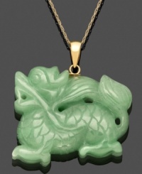 Symbolic and stylish. An intricate dragon is carved into a jade gemstone (25 mm x 31 mm) on this stunning pendant necklace. Crafted in 14k gold. Approximate length: 18 inches. Approximate drop: 1-1/4 inches. Symbolic and stylish. An intricate dragon is carved into a jade gemstone (25 mm x 31 mm) on this stunning pendant necklace. Crafted in 14k gold. Approximate length: 18 inches. Approximate drop: 1-1/4 inches.
