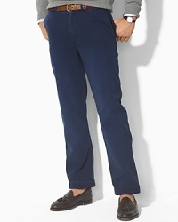 Classic-fitting pants tailored in fine woven cotton, designed with a flat front, narrow leg and washed for a vintage, timeworn appeal. Standard-rise belted waist. Angled hand pockets, split-besom pockets at back. Embroidered pony accents the back right pocket. Zip fly with button closure. Classic-fitting pants tailored in fine woven cotton, designed with a flat front, narrow leg and washed for a vintage, timeworn appeal. Standard-rise belted waist. Angled hand pockets, split-besom pockets at back. Embroidered pony accents the back right pocket. Zip fly with button closure.