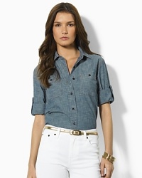 A classic menswear essential is tailored for a feminine look and a relaxed fit in soft cotton chambray with chic optional rolled cuffs. A classic menswear essential is tailored for a feminine look and a relaxed fit in soft cotton chambray with chic optional rolled cuffs.