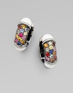 From the Art Deco Collection. Diminutive hoops pavé set with multi-colored sapphires and white enamel accents.Sapphire Sterling silver Enamel Diameter, about ¾ Clip-on back Imported