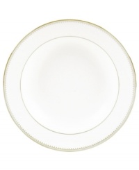 Soups shimmer in this beautiful white bone china bowl. The ribbon of textured golden grosgrain along the wide rim imparts a romantic, lustrous shine. Soups shimmer in this beautiful white bone china bowl. The ribbon of textured golden grosgrain along the wide rim imparts a romantic, lustrous shine.