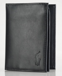 Ralph Lauren's iconic pony graces the front of a lustrous leather billfold wallet, constructed with ample storage for cards and a convenient ID window. Ralph Lauren's iconic pony graces the front of a lustrous leather billfold wallet, constructed with ample storage for cards and a convenient ID window.