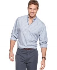 Check point. Get an easy pass in this stylish, comfortable checkered shirt from Calvin Klein. Check point. Get an easy pass in this stylish, comfortable checkered shirt from Calvin Klein.