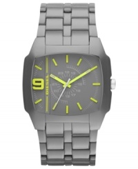 Lime green hues blend with gunmetal tones on this structured watch from Diesel. Lime green hues blend with gunmetal tones on this structured watch from Diesel.