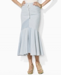 Lauren Jeans Co.'s perennially chic denim skirt is flawlessly reinvented in a chic patchwork of faded stripes accented by a lace-up front and peplum hem. Lauren Jeans Co.'s perennially chic denim skirt is flawlessly reinvented in a chic patchwork of faded stripes accented by a lace-up front and peplum hem.