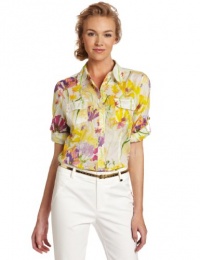 Calvin Klein Women's Printed Button Up Roll Sleeve Shirt, Tulip Multi, Large