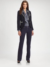 Guaranteed to turn heads, a striking wool blazer with contrast trim and an ultra-feminine fit, courtesy of princess seams.Notched collarLong sleevesContrast trimPatch pocketsButton frontFully linedAbout 24 from shoulder to hemWoolDry cleanImported Model shown is 5'10 (177cm) wearing US size Small. Guaranteed to turn heads, a striking wool blazer with contrast trim and an ultra-feminine fit, courtesy of princess seams.Notched collarLong sleevesContrast trimPatch pocketsButton frontFully linedAbout 24 from shoulder to hemWoolDry cleanImported Model shown is 5'10 (177cm) wearing US size Small.