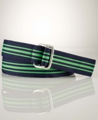 Imbued with preppy heritage, a striped grosgrain ribbon belt makes a handsome addition to any outfit. Imbued with preppy heritage, a striped grosgrain ribbon belt makes a handsome addition to any outfit.