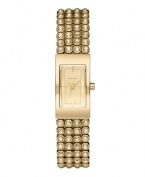 Tell time with rows of shine, thanks to this brilliant DKNY watch. Bracelet crafted from four rows of crystal set in goldtone stainless steel and rectangular case. Champagne dial features goldtone hands, stick indices and logo. Quartz movement. Water resistant to 50 meters. Two-year limited warranty.