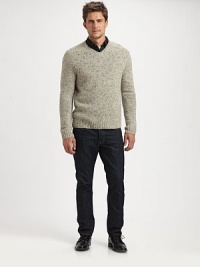 Handsome v-neck pullover effortlessly shaped in a slub-knit, merino wool, with elbow patch details for a dapper finish.V-neckRibbed knit collar, cuffs and hemElbow patchesMerino woolHand washImported Handsome v-neck pullover effortlessly shaped in a slub-knit, merino wool, with elbow patch details for a dapper finish.V-neckRibbed knit collar, cuffs and hemElbow patchesMerino woolHand washImported