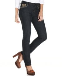 Rhinestones and embroidered back pockets give Earl Jeans' petite denim a style upgrade -- featuring a flattering skinny fit and slimming dark wash. Rhinestones and embroidered back pockets give Earl Jeans' petite denim a style upgrade -- featuring a flattering skinny fit and slimming dark wash.