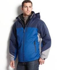 This heavyweight, water resistant-jacket from Hawke & Co. Outfitter has modern color blocking and a fleece bib to keep you warm and feeling confident wherever life takes you. This heavyweight, water resistant-jacket from Hawke & Co. Outfitter has modern color blocking and a fleece bib to keep you warm and feeling confident wherever life takes you.