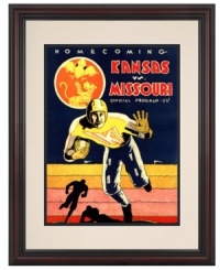 Kansas football at its finest. The Jayhawks welcomed home alumni in 1931 with a win against their biggest rivals, the Missouri Tigers. A brilliant reproduction of the game day program cover continues to inspire football greatness, with a double mat and cherry frame. Kansas football at its finest. The Jayhawks welcomed home alumni in 1931 with a win against their biggest rivals, the Missouri Tigers. A brilliant reproduction of the game day program cover continues to inspire football greatness, with a double mat and cherry frame.