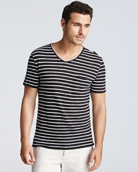 Vince taps into our nautical heritage with ministripe tee, rendered with a slight v neck and patch pocket at the left chest. Vince taps into our nautical heritage with ministripe tee, rendered with a slight v neck and patch pocket at the left chest.