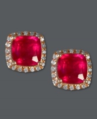 A truly regal look. Effy Collection's stunning stud earrings will inspire any look with a square-cut ruby center (2-7/8 ct. t.w.) surrounded by round-cut diamonds (1/6 ct. t.w.). Crafted in 14k rose gold with a post backing. Approximate diameter: 1/3 inch.