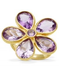 Adorn yourself with the season's hottest hues: jewel tones! This eye-catching ring features a beautiful flower shape made from round and pear-cut amethyst (6-9/10 ct. t.w.). Crafted in 18k gold over sterling silver. Size 7. Adorn yourself with the season's hottest hues: jewel tones! This eye-catching ring features a beautiful flower shape made from round and pear-cut amethyst (6-9/10 ct. t.w.). Crafted in 18k gold over sterling silver. Size 7.