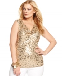 Showcase your shimmer with MICHAEL Michael Kors' cap sleeve plus size top, flaunting a sequined front. Showcase your shimmer with MICHAEL Michael Kors' cap sleeve plus size top, flaunting a sequined front.