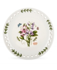 Plant this pierced accent plate alongside other classic pieces from Portmeirion's Botanic Garden dinnerware collection for added charm. Lifelike sweet peas bloom and entice colorful butterflies on white porcelain with a triple-leaf border.