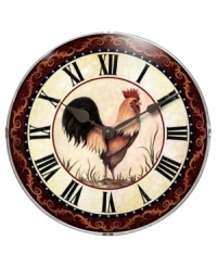 Keep country time with the Chanticleer wall clock and nature's renowned early riser. Featuring a handsome rooster, Roman numerals and a decorative vine-like border. A convex lens protects the clock's face and metal hands. Keep country time with the Chanticleer wall clock and nature's renowned early riser. Featuring a handsome rooster, Roman numerals and a decorative vine-like border. A convex lens protects the clock's face and metal hands.