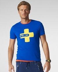 Designed for a sporty two-toned look from soft, lightweight cotton jersey, an athletic crewneck T-shirt is channels modern style with a bold graphic element. Designed for a sporty two-toned look from soft, lightweight cotton jersey, an athletic crewneck T-shirt is channels modern style with a bold graphic element.