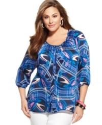 Renew your neutral bottoms with the vibrant feel of NY Collection's three-quarter sleeve plus size peasant top. Renew your neutral bottoms with the vibrant feel of NY Collection's three-quarter sleeve plus size peasant top.