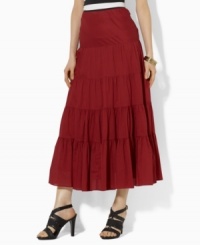 Exude rich femininity in Lauren by Ralph Lauren's flowing, tiered silhouette that is rendered in ultra-soft woven cotton. Exude rich femininity in Lauren by Ralph Lauren's flowing, tiered silhouette that is rendered in ultra-soft woven cotton.