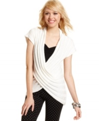 Get all wrapped up in Planet Gold's cozy, short sleeve sweater! A criss-cross drape design makes this layering piece totally unique. Get all wrapped up in Planet Gold's cozy, short sleeve sweater! A criss-cross drape design makes this layering piece totally unique.