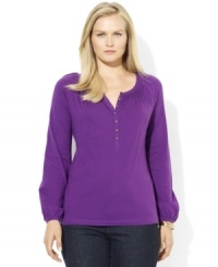 Antiqued brass buttons lend romantic flair to Lauren Ralph Lauren's light and airy cotton plus size jersey peasant top. Antiqued brass buttons lend romantic flair to Lauren Ralph Lauren's light and airy cotton plus size jersey peasant top.