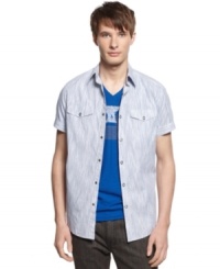 Get in line for the season with this striped short-sleeved woven shirt from Kenneth Cole Reaction. Get in line for the season with this striped short-sleeved woven shirt from Kenneth Cole Reaction.