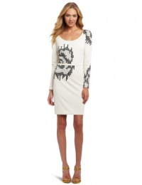 HALSTON HERITAGE Women's Long Sleeve Round Neck Embellished Dress, Cream, 0 HALSTON HERITAGE Women's Long Sleeve Round Neck Embellished Dress, Cream, 0