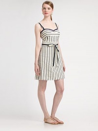 A charming dress featuring an ultra-feminine (and retro-inspired) neckline, a waist-defining self-tie belt and allover vertical stripes for an everyday-chic look.Sweetheart necklineSleevelessBust dartsFlattering, vertical stripesSelf-tie beltSide zipperAbout 30 from shoulder to hem93% cotton/7% nylonDry cleanImported Model shown is 5'10 (177cm) wearing US size 4. A charming dress featuring an ultra-feminine (and retro-inspired) neckline, a waist-defining self-tie belt and allover vertical stripes for an everyday-chic look.Sweetheart necklineSleevelessBust dartsFlattering, vertical stripesSelf-tie beltSide zipperAbout 30 from shoulder to hem93% cotton/7% nylonDry cleanImported Model shown is 5'10 (177cm) wearing US size 4.