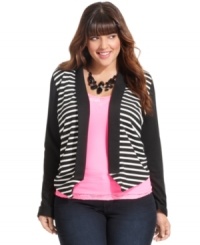Layer your fresh fall looks with ING's plus size jacket, featuring a striped front-- it's totally on-trend! Layer your fresh fall looks with ING's plus size jacket, featuring a striped front-- it's totally on-trend!
