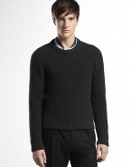 Wool and cashmere crewneck with contrast ribbed details and leather logo tab on side seam.Crewneck70% wool/30% cashmereDry cleanMade in Italy