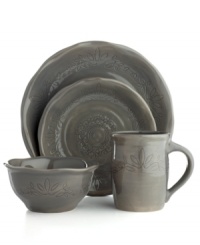 Homegrown style. Ruffled edges and engraved florals give the Espana Antica place setting an organic, handcrafted feel that suits country settings. With a glossy gray finish. From the Tabletops Unlimited dinnerware collection. Homegrown style. Ruffled edges and engraved florals give the Espana Antica place setting an organic, handcrafted feel that suits country settings. With a glossy gray finish. From the Tabletops Unlimited dinnerware collection.