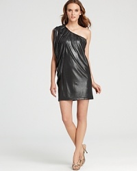 This Aqua metallic dress features artful draping and striking asymmetry for a seriously modern edge. This Aqua metallic dress features artful draping and striking asymmetry for a seriously modern edge.