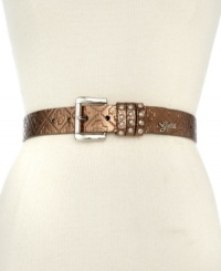 Give your outfit an instant glint of glamour with this gorgeous GUESS belt, featuring signature detailing and gleaming hardware. Give your outfit an instant glint of glamour with this gorgeous GUESS belt, featuring signature detailing and gleaming hardware.