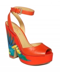 The tropical colors of Brasil inspired the Troi Chic platform shoes by Nine West. With a chunky wedge heel, this brightly-hued shoe will stand out no matter what you pair it with. The tropical colors of Brasil inspired the Troi Chic platform shoes by Nine West. With a chunky wedge heel, this brightly-hued shoe will stand out no matter what you pair it with.