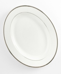 Bright fine china is simply adorned with a band of platinum for an unforgettably elegant table. The Cameo Platinum design from Mikasa's dinnerware and dishes collection is perfect for formal dinners, teas, and luncheons. This platter's wide rim and flowing lines add a graceful touch to your table. Bright fine china is simply adorned with a band of platinum for an unforgettably elegant table. The Cameo Platinum design from Mikasa's dinnerware and dishes collection is perfect for formal dinners, teas, and luncheons. This platter's wide rim and flowing lines add a graceful touch to your table.
