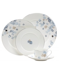 Breezy florals scatter on the white bone china of Water Blossoms dinnerware, suffusing your table with effortless grace. With shimmering platinum petals and banding, the 5-piece place setting makes for an especially pretty table. From Martha Stewart Collection. Breezy florals scatter on the white bone china of Water Blossoms dinnerware, suffusing your table with effortless grace. With shimmering platinum petals and banding, the 5-piece place setting makes for an especially pretty table. From Martha Stewart Collection.