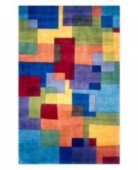A dynamic mix of bright colors and geometric shapes creates an arresting rug that recalls the best of modern art. The color palette of blue, red, salmon, yellow and sage gives the piece a vibrant, buoyant style that lends your home a striking, contemporary look. Hand-tufted and hand-carved of plush wool. A dynamic mix of bright colors and geometric shapes creates an arresting rug that recalls the best of modern art. The color palette of blue, red, salmon, yellow and sage gives the piece a vibrant, buoyant style that lends your home a striking, contemporary look. Hand-tufted and hand-carved of plush wool.
