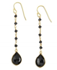 Bold beadwork. Black onyx beads and teardrops (11 ct. t.w.) stand out against a polished 18k gold over sterling silver setting. Approximate drop: 2 inches. Bold beadwork. Black onyx beads and teardrops (11 ct. t.w.) stand out against a polished 18k gold over sterling silver setting. Approximate drop: 2 inches.