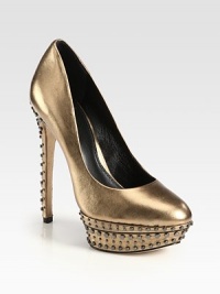 Exude big-city style wearing this metallic leather peep toe pump with edgy metal studs and an arresting heel. Self-covered heel with metal studs, 5¾ (145mm)Covered platform with metal studs, 1½ (40mm)Compares to a 4¼ heel (110mm)Metallic leather upper with metal studsPeep toeLeather lining and solePadded insoleImported Exude big-city style wearing this metallic leather peep toe pump with edgy metal studs and an arresting heel. Self-covered heel with metal studs, 5¾ (145mm)Covered platform with metal studs, 1½ (40mm)Compares to a 4¼ heel (110mm)Metallic leather upper with metal studsPeep toeLeather lining and solePadded insoleImported