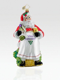 Perfect for wine enthusiasts, this ornate glass Santa makes a toast to a holly jolly Christmas. Hand-blownHand-painted6 tallMade in Poland Perfect for wine enthusiasts, this ornate glass Santa makes a toast to a holly jolly Christmas. Hand-blownHand-painted6 tallMade in Poland