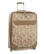 A trip on the wild side. An exotically styled exterior is perfectly paired with a vibrant red logo-printed interior, which spares no detail with valet straps, a removable toiletry pouch and multiple organizational pockets. Discover the simplicity of an easy-glide spinner and a mobility that follows every move you make. 10-year warranty. (Clearance)